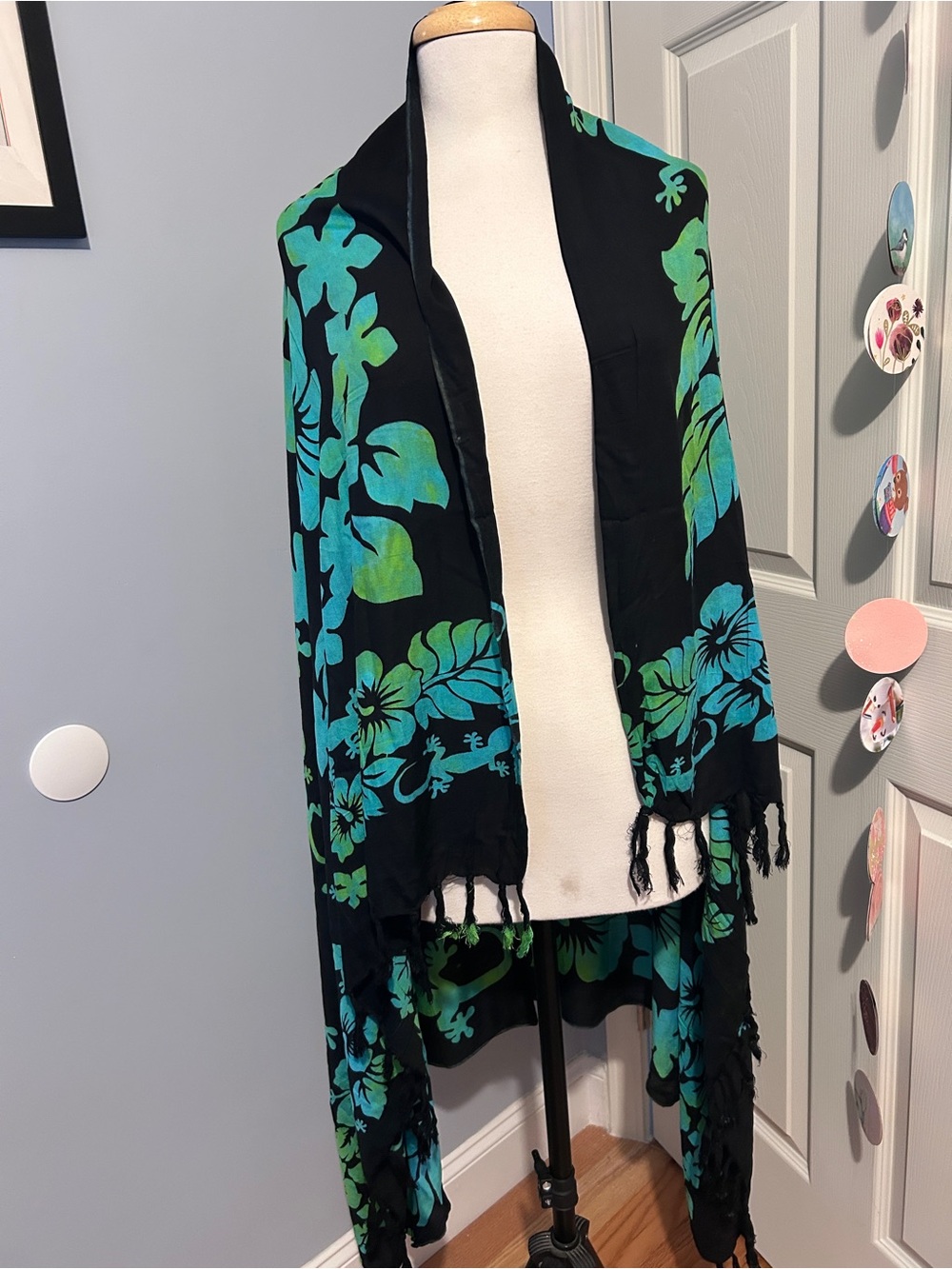 Black Floral Fringe Shawl with Teal and Green Print